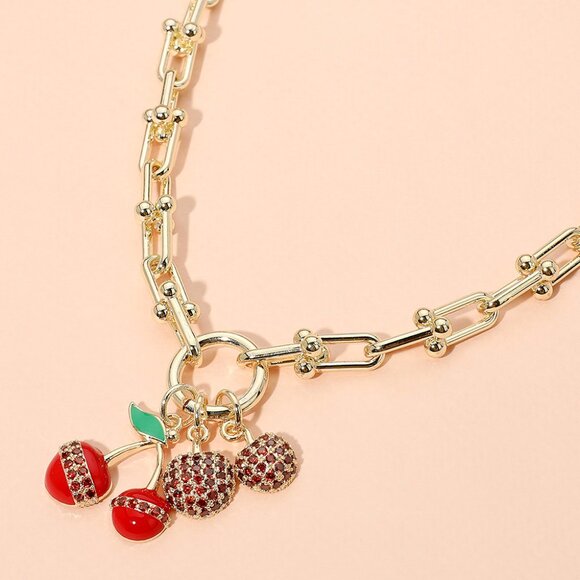 NEW Strawberry Cherry 14K Gold Fruit Charm Link Chain Necklace Cubic Zirconia CZ - Picture 3 of 7